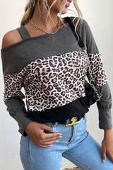 Casual Leopard Hollowed Out Split Joint Oblique Collar Tops