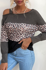 Casual Leopard Hollowed Out Split Joint Oblique Collar Tops