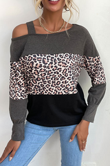 Casual Leopard Hollowed Out Split Joint Oblique Collar Tops