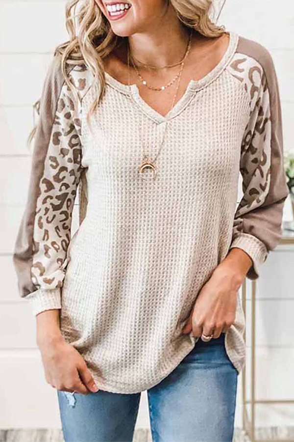 Casual Leopard Split Joint V Neck Tops