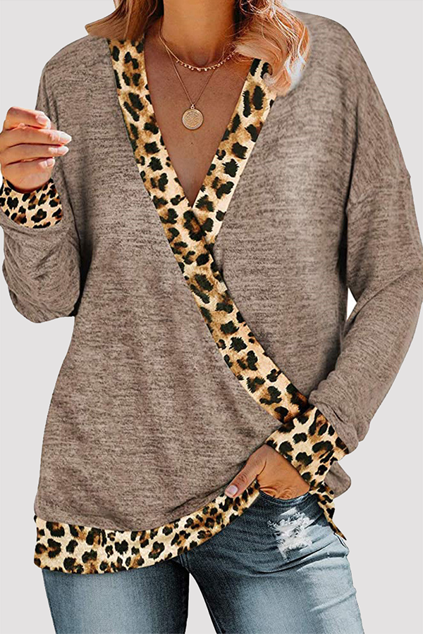 Casual Leopard Split Joint Basic V Neck Tops(5 Colors)