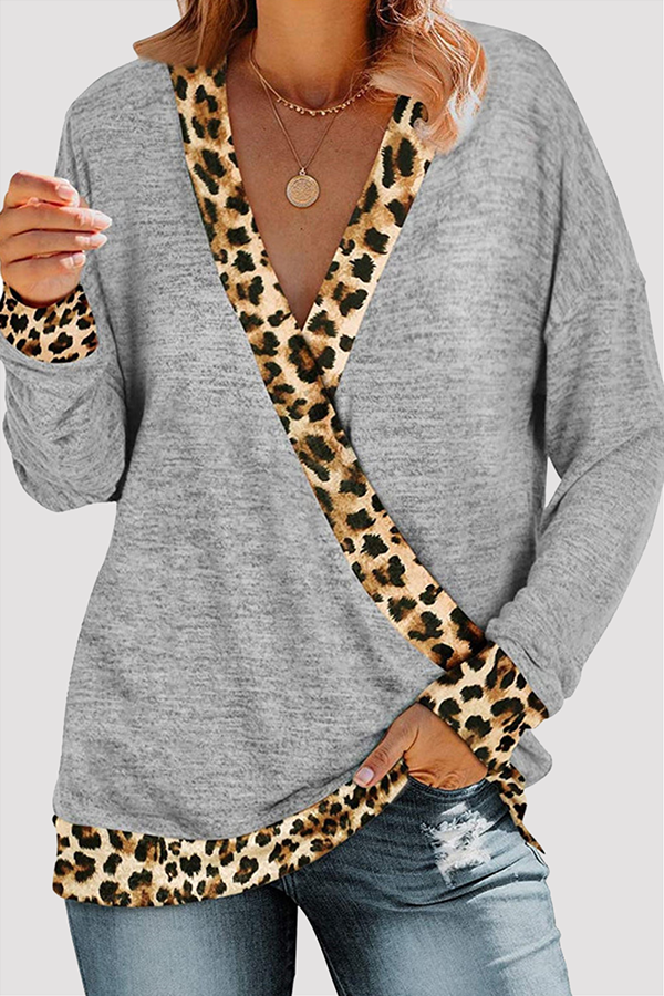 Casual Leopard Split Joint Basic V Neck Tops(5 Colors)