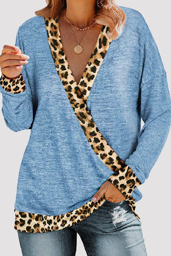 Casual Leopard Split Joint Basic V Neck Tops(5 Colors)