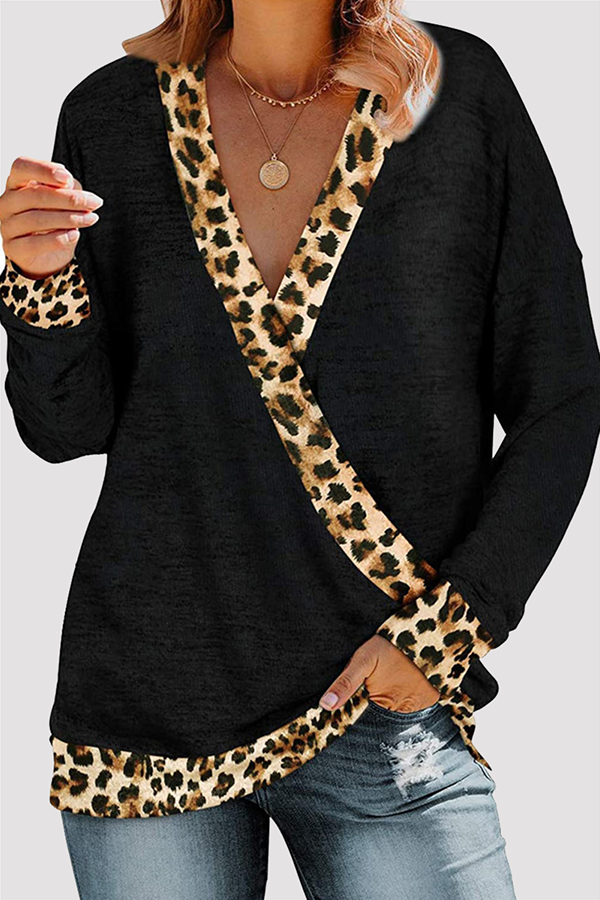 Casual Leopard Split Joint Basic V Neck Tops(5 Colors)