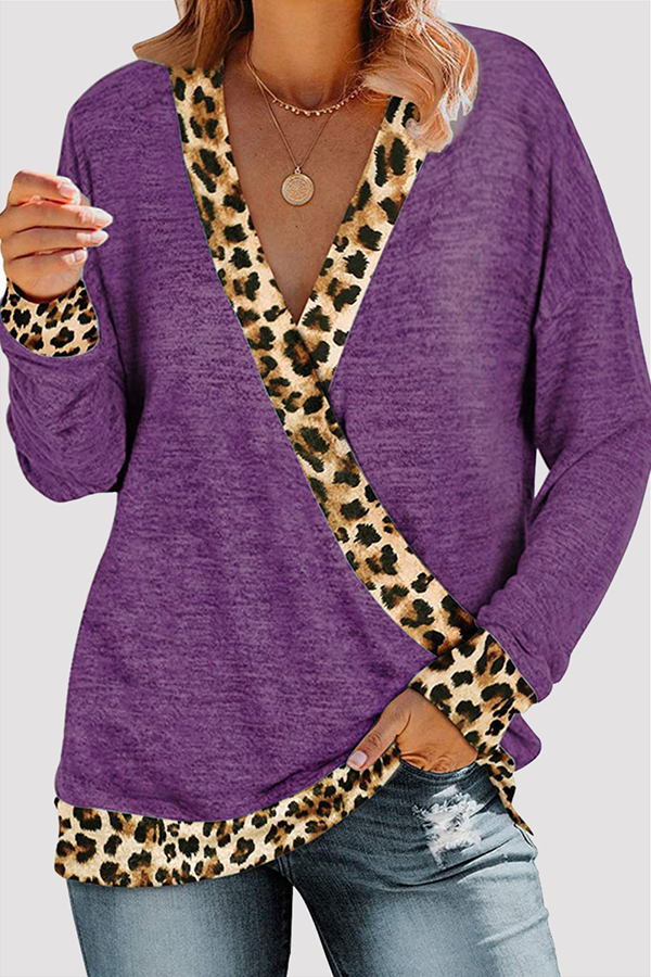 Casual Leopard Split Joint Basic V Neck Tops(5 Colors)