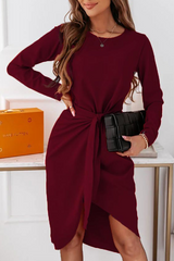 Fashion Elegant Solid With Belt Asymmetrical O Neck Long Sleeve Dresses