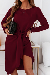 Fashion Elegant Solid With Belt Asymmetrical O Neck Long Sleeve Dresses