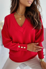 Casual Solid Split Joint Buckle V Neck Tops(4 Colors)