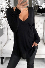 Casual Solid Patchwork Pocket V Neck Tops