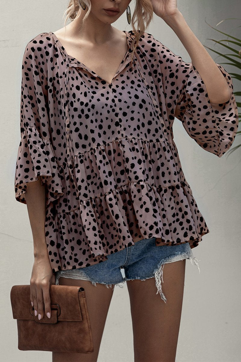 Ruffle Dot Lace-Up Neckline Top