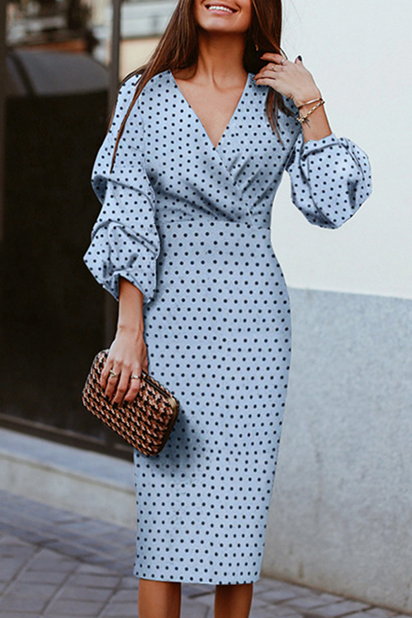 Fashion Elegant Polka Dot Fold V Neck Waist Skirt Dresses