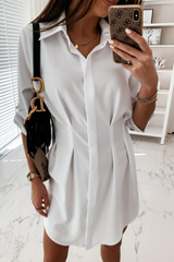 Fashion Solid Buckle Fold Turndown Collar Shirt Dress Dresses(3 Colors)