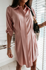 Fashion Solid Buckle Fold Turndown Collar Shirt Dress Dresses(3 Colors)