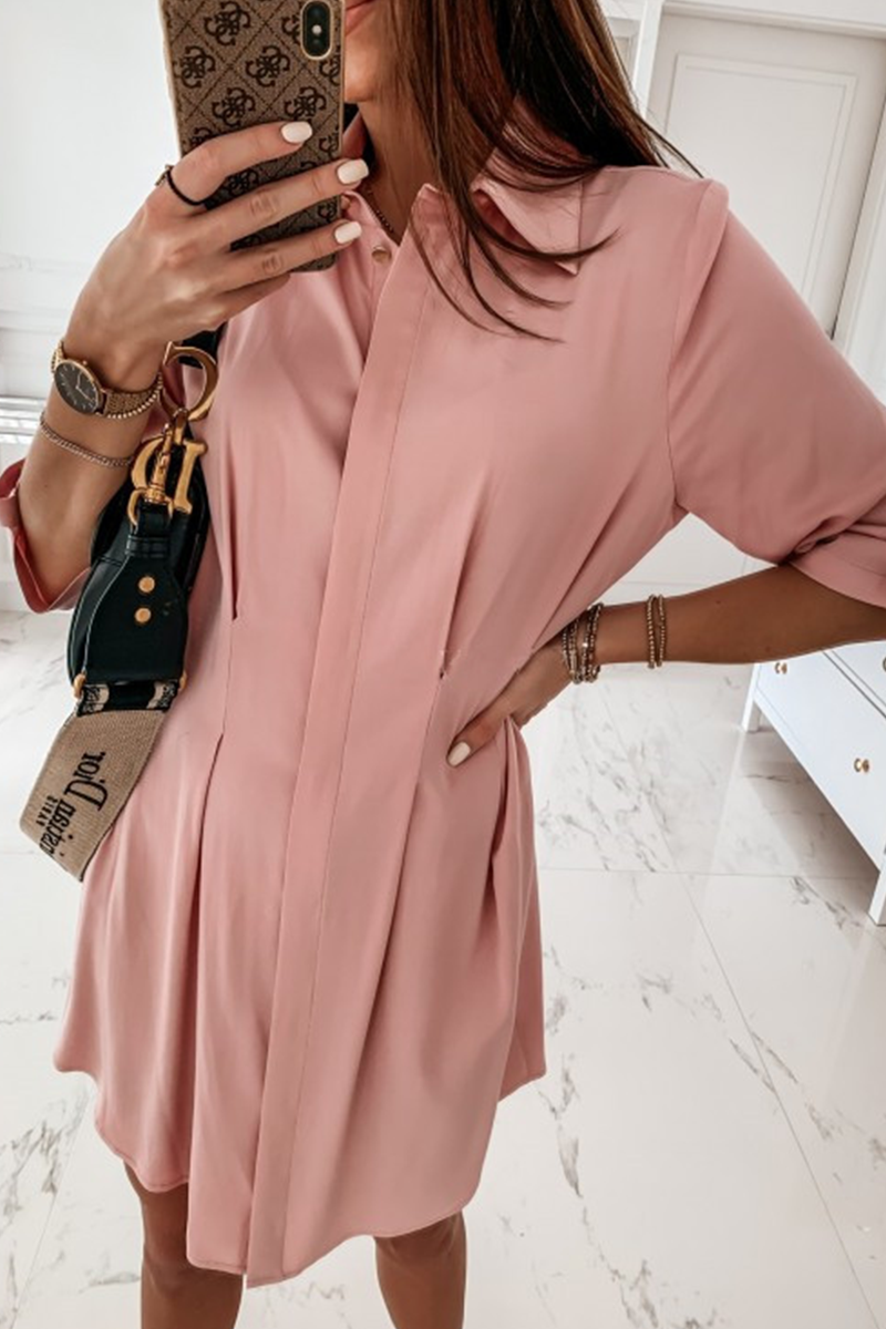 Fashion Solid Buckle Fold Turndown Collar Shirt Dress Dresses(3 Colors)