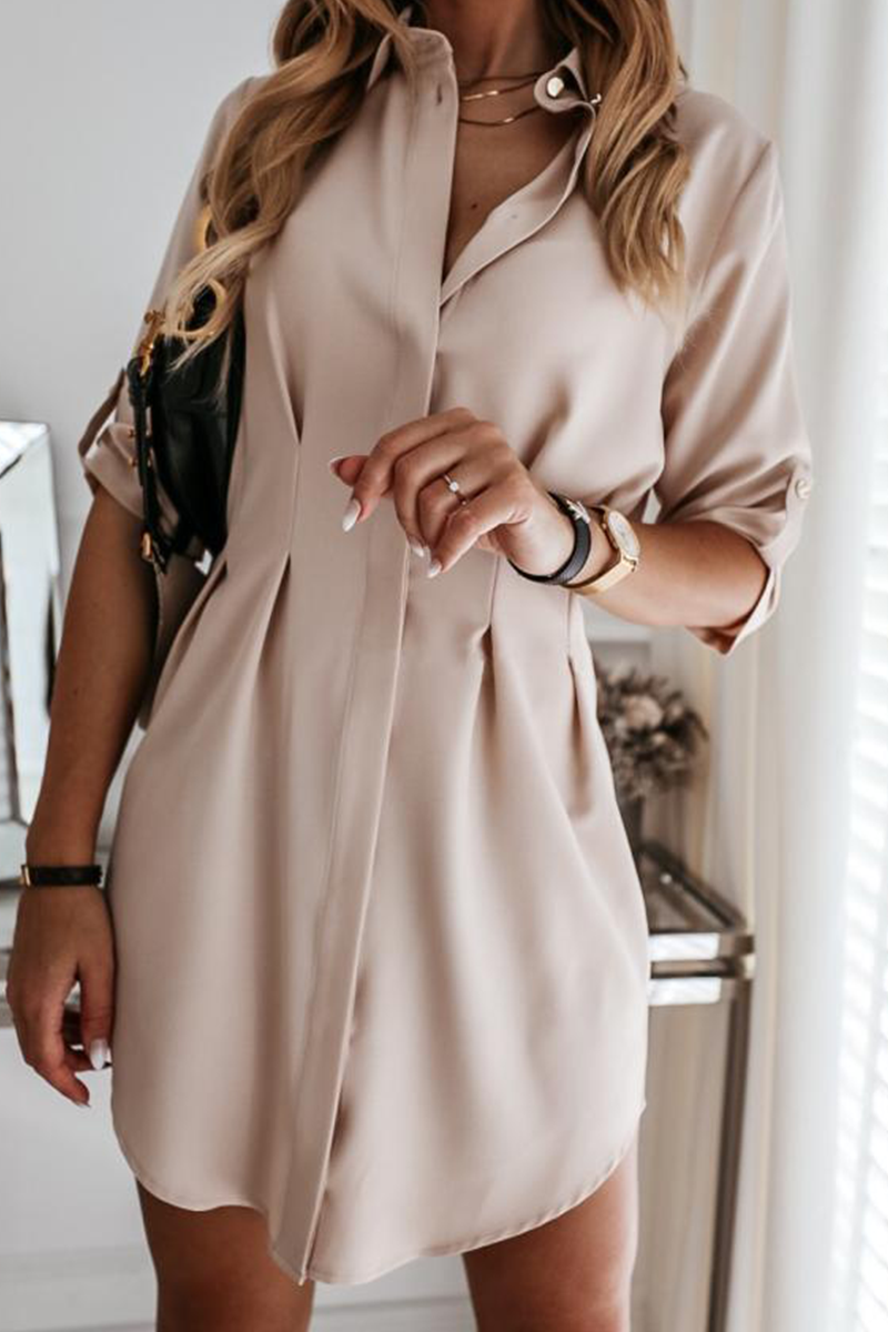 Fashion Solid Buckle Fold Turndown Collar Shirt Dress Dresses(3 Colors)