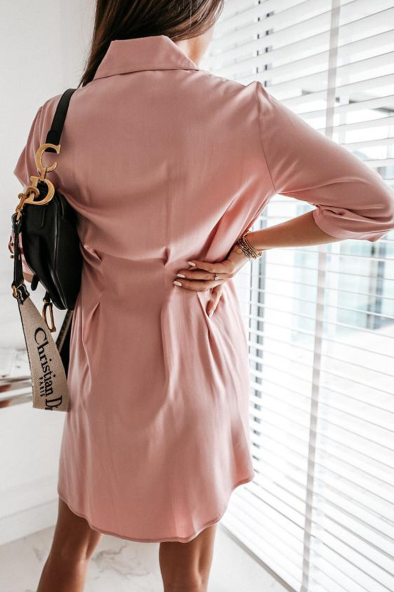 Fashion Solid Buckle Fold Turndown Collar Shirt Dress Dresses(3 Colors)