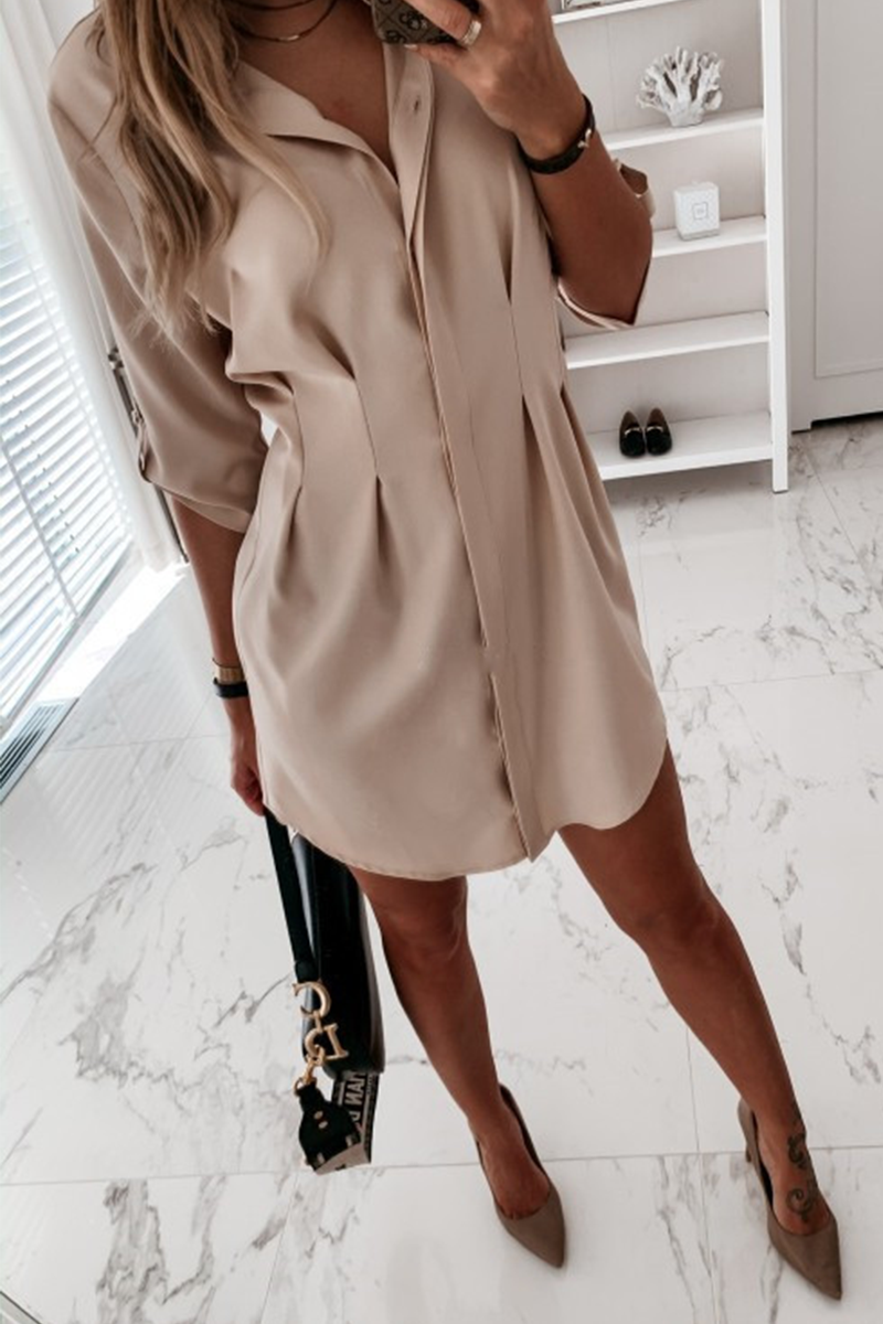 Fashion Solid Buckle Fold Turndown Collar Shirt Dress Dresses(3 Colors)