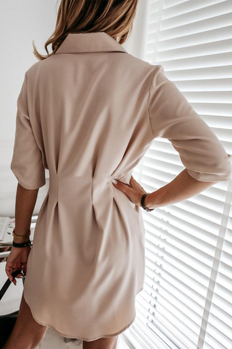 Fashion Solid Buckle Fold Turndown Collar Shirt Dress Dresses(3 Colors)