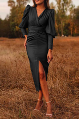 Fashion Elegant Solid Slit Fold V Neck Dresses