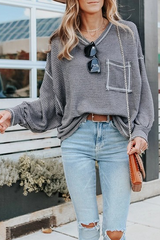 Casual Solid Split Joint Pocket O Neck Tops(6 Colors)