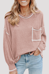 Casual Solid Split Joint Pocket O Neck Tops(6 Colors)