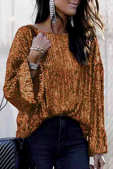 Fashion Elegant Solid Split Joint Sequined O Neck Tops