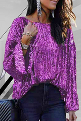 Fashion Elegant Solid Split Joint Sequined O Neck Tops