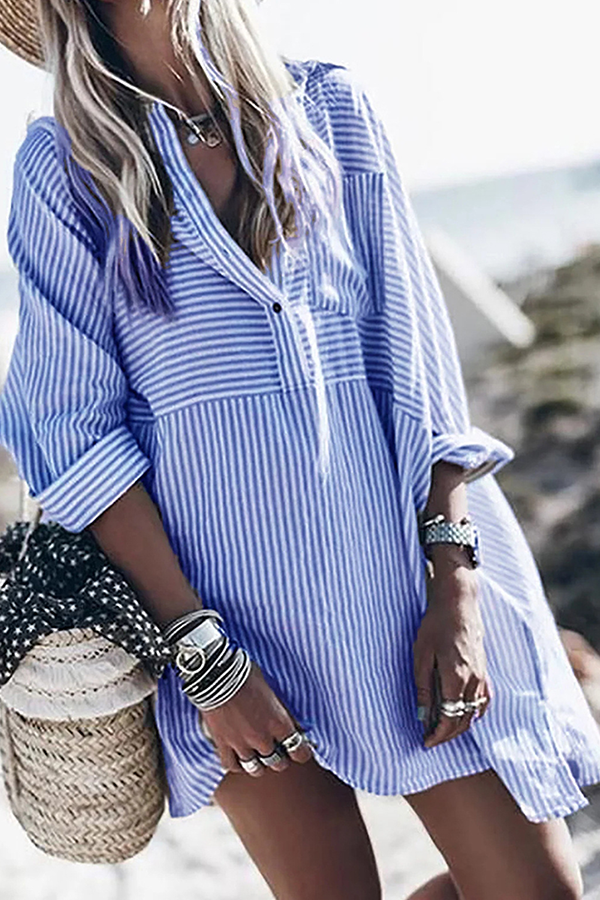 Casual Striped Buttons Turndown Collar Shirt Dress Dresses(3 Colors)