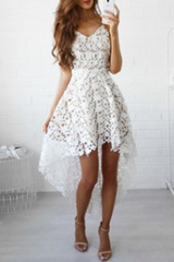 Fashion Elegant Solid Lace Hollowed Out See-through V Neck Irregular Dress Dresses