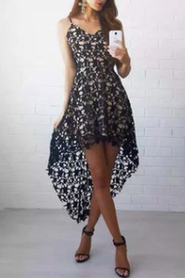 Fashion Elegant Solid Lace Hollowed Out See-through V Neck Irregular Dress Dresses