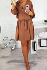 Casual Solid Buttons Strap Design V Neck Dresses(4 Colors)