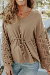 Casual Solid Lace Frenulum Buckle V Neck Tops