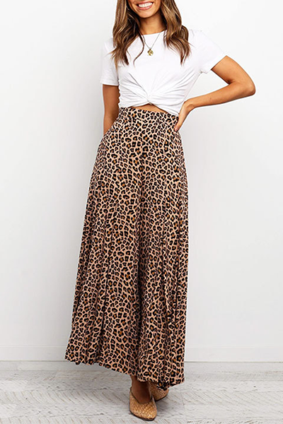 Casual Leopard Capris Straight High Waist Wide Leg Full Print Bottoms