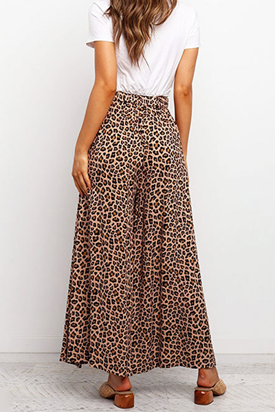 Casual Leopard Capris Straight High Waist Wide Leg Full Print Bottoms