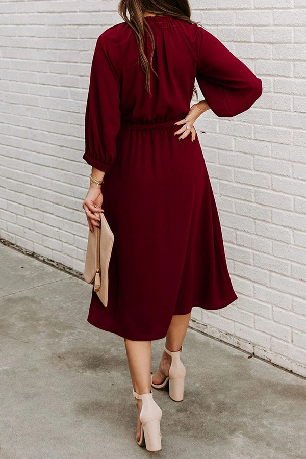 Casual Solid Split Joint With Belt O Neck Waist Skirt Dresses