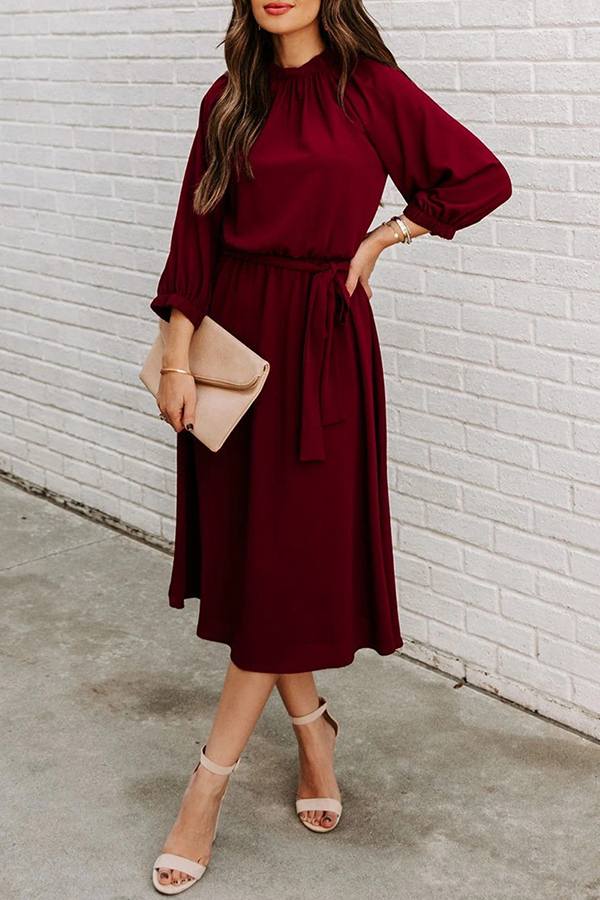 Casual Solid Split Joint With Belt O Neck Waist Skirt Dresses