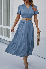 Casual Solid Buckle Turndown Collar Cake Skirt Dresses (Without Belt)(5 Colors)