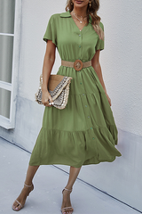 Casual Solid Buckle Turndown Collar Cake Skirt Dresses (Without Belt)(5 Colors)