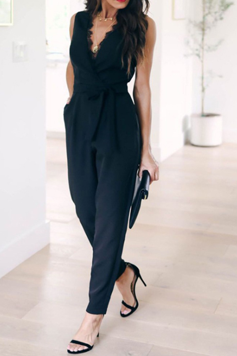 Casual Solid Split Joint V Neck Regular Jumpsuits