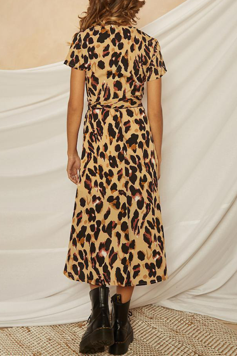 Sexy Leopard Split Joint V Neck Irregular Dress Dresses