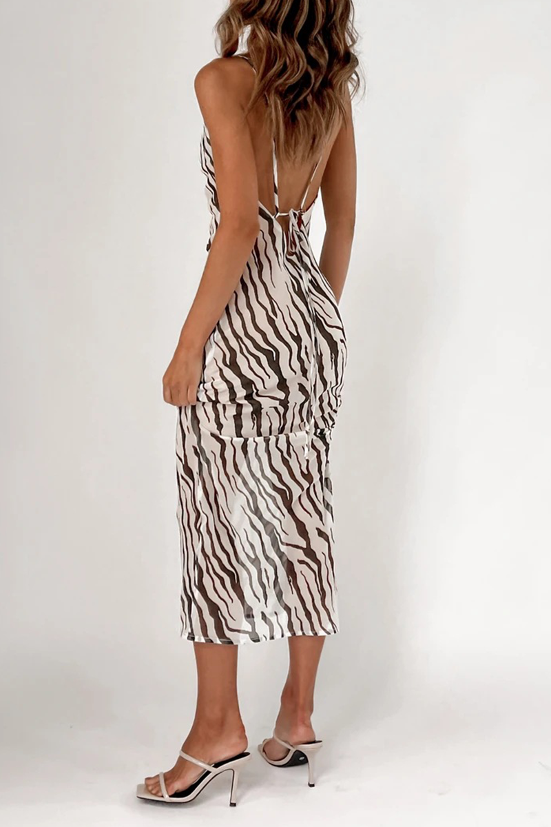 Sexy Animal Print Leopard Split Joint Spaghetti Strap Pencil Skirt Dresses