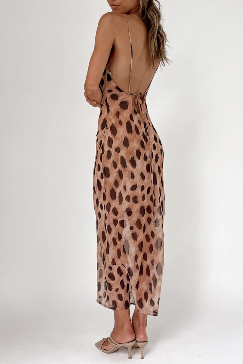 Sexy Animal Print Leopard Split Joint Spaghetti Strap Pencil Skirt Dresses