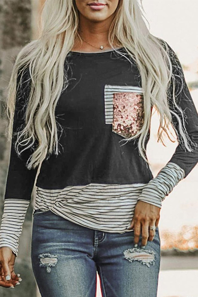 Casual Striped Print Split Joint O Neck Tops