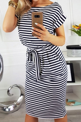 Casual Striped Split Joint O Neck Waist Skirt Dresses(5 colors)