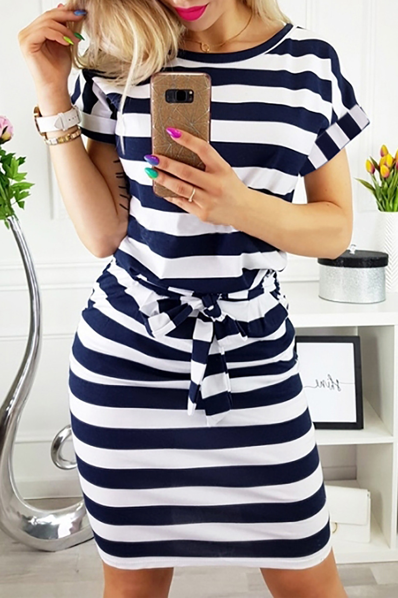 Casual Striped O Neck Waist Skirt Dresses(5 Colors)