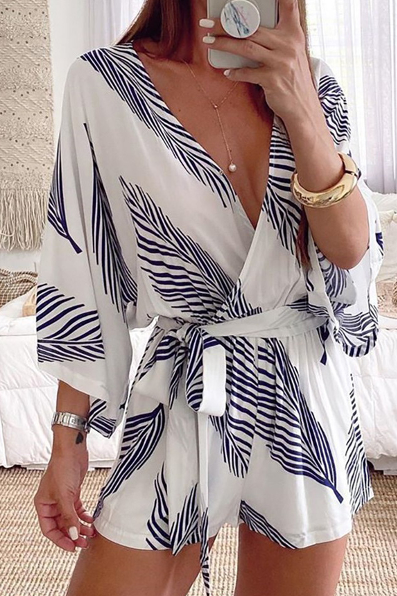 Casual Print Split Joint V Neck Straight Jumpsuits