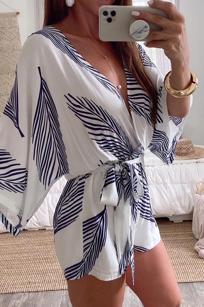 Casual Print Split Joint V Neck Straight Jumpsuits