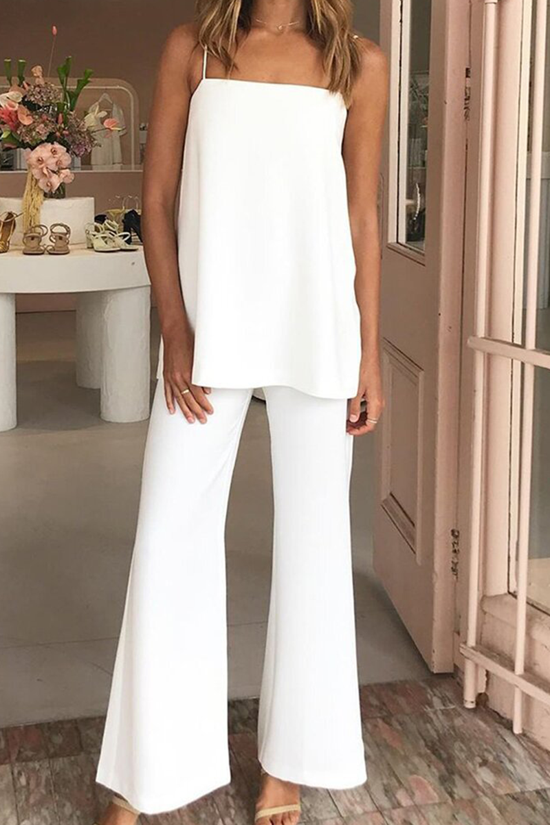 Casual Solid Split Joint Spaghetti Strap Sleeveless Two Pieces(4 colors)