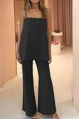 Casual Solid Split Joint Spaghetti Strap Sleeveless Two Pieces(4 colors)