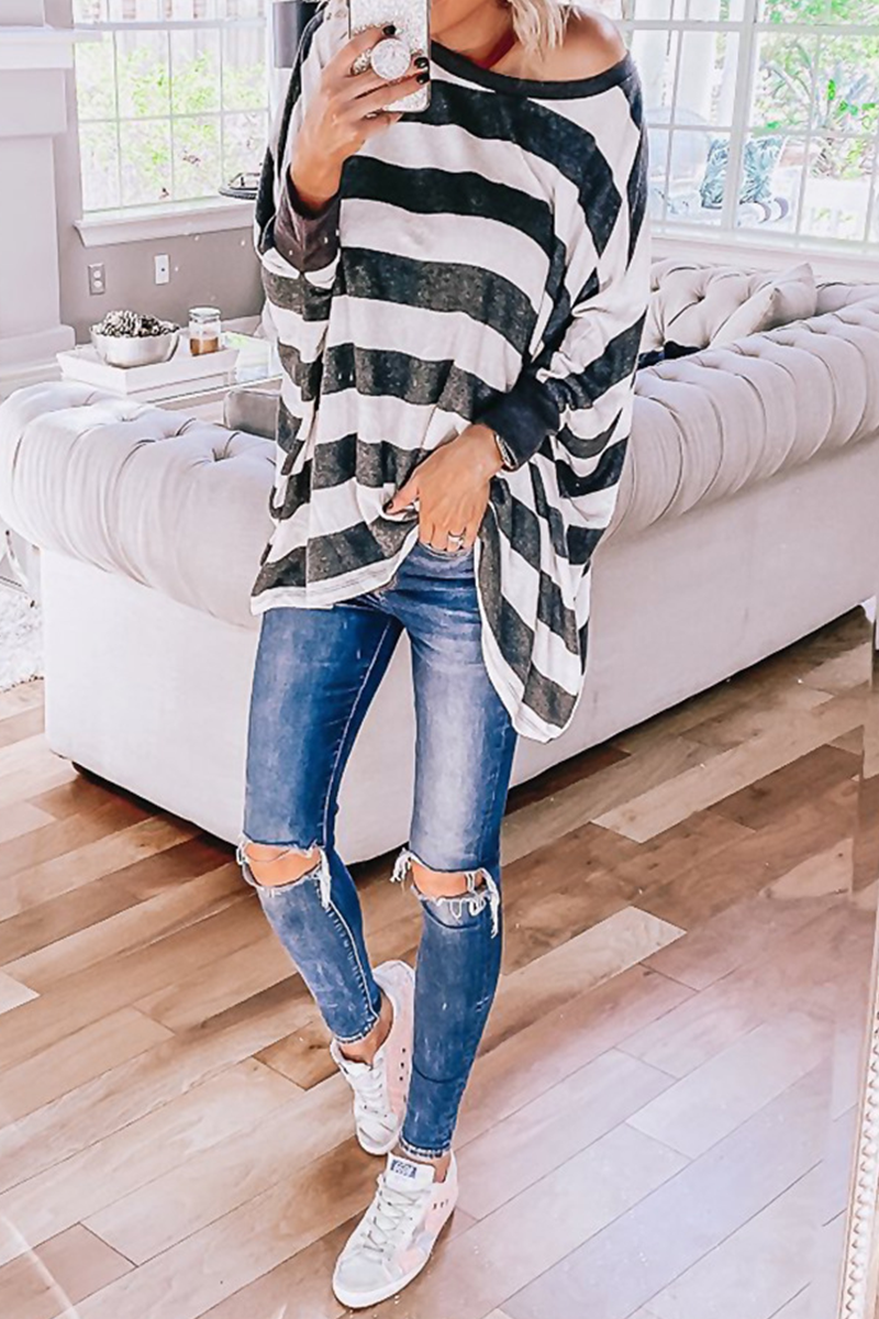 Casual Striped Split Joint O Neck Tops(3 Colors)